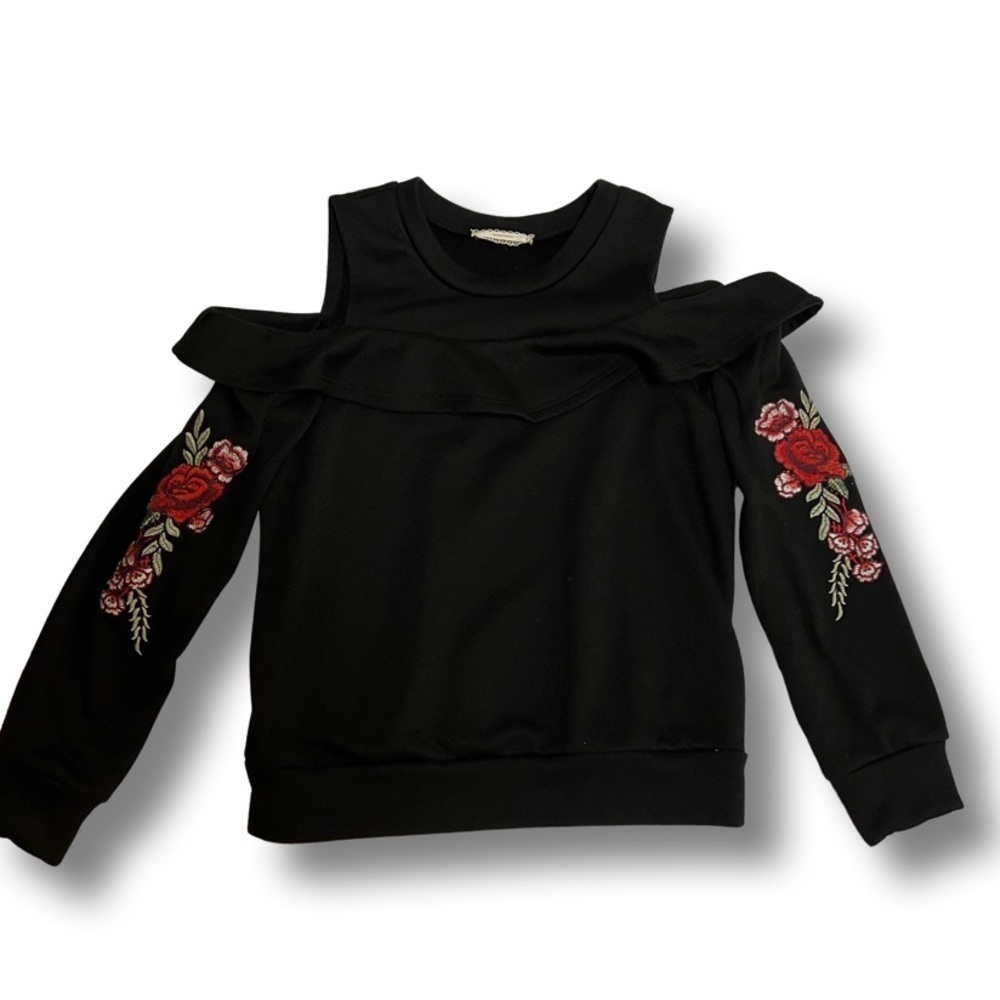Black cold shoulder sweatshirt with flower appliqué sleeve detail Size M (10/12)